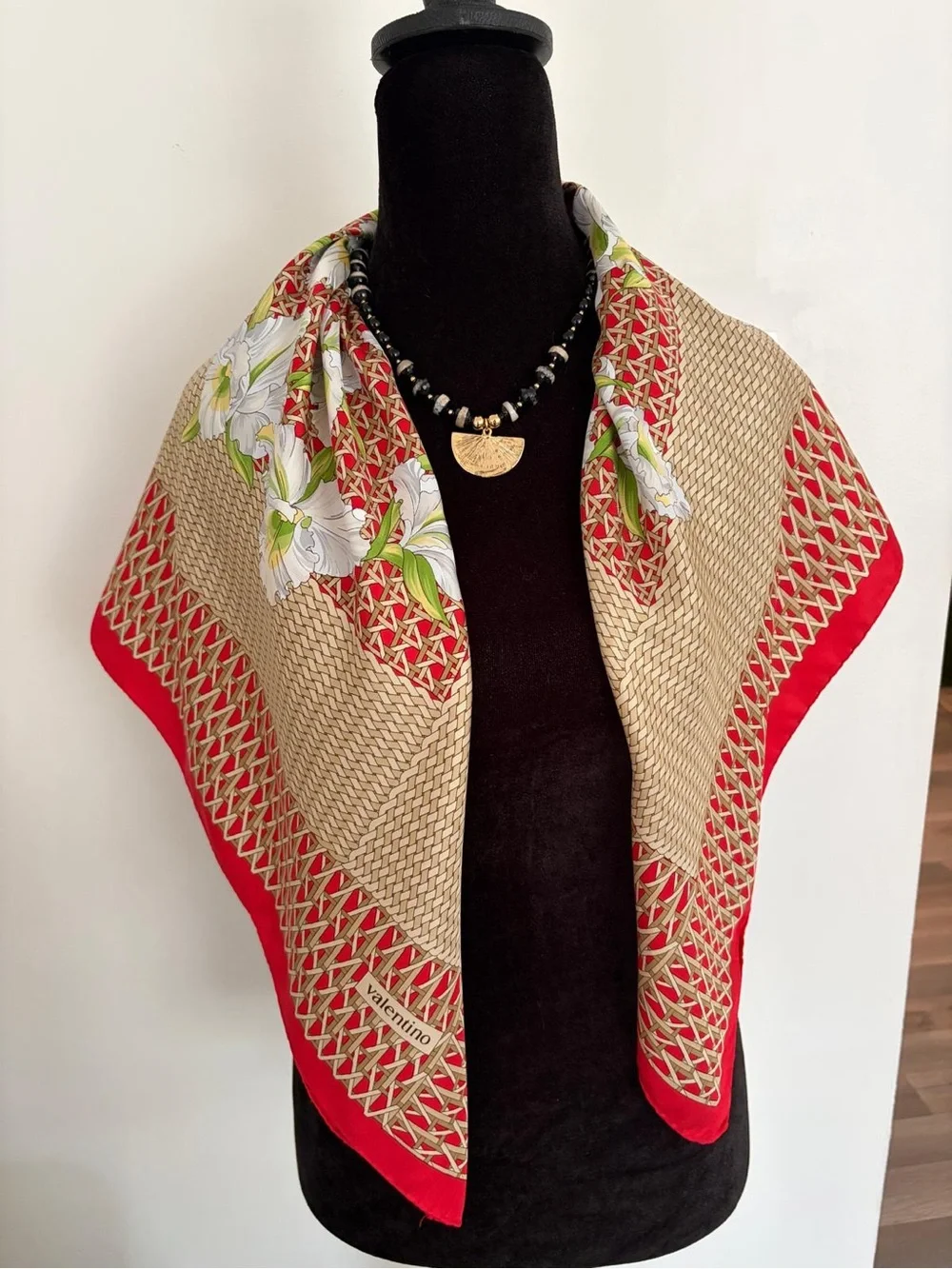 Valentino Silk Scarf Red White Floral Hand Rolled Made In Italy
